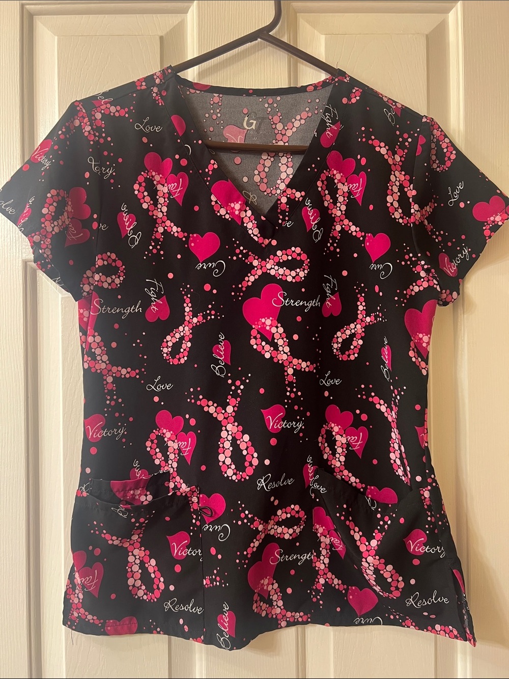 Women's Black V-Neck Scrub Top with Pink Ribbon & Heart Print
